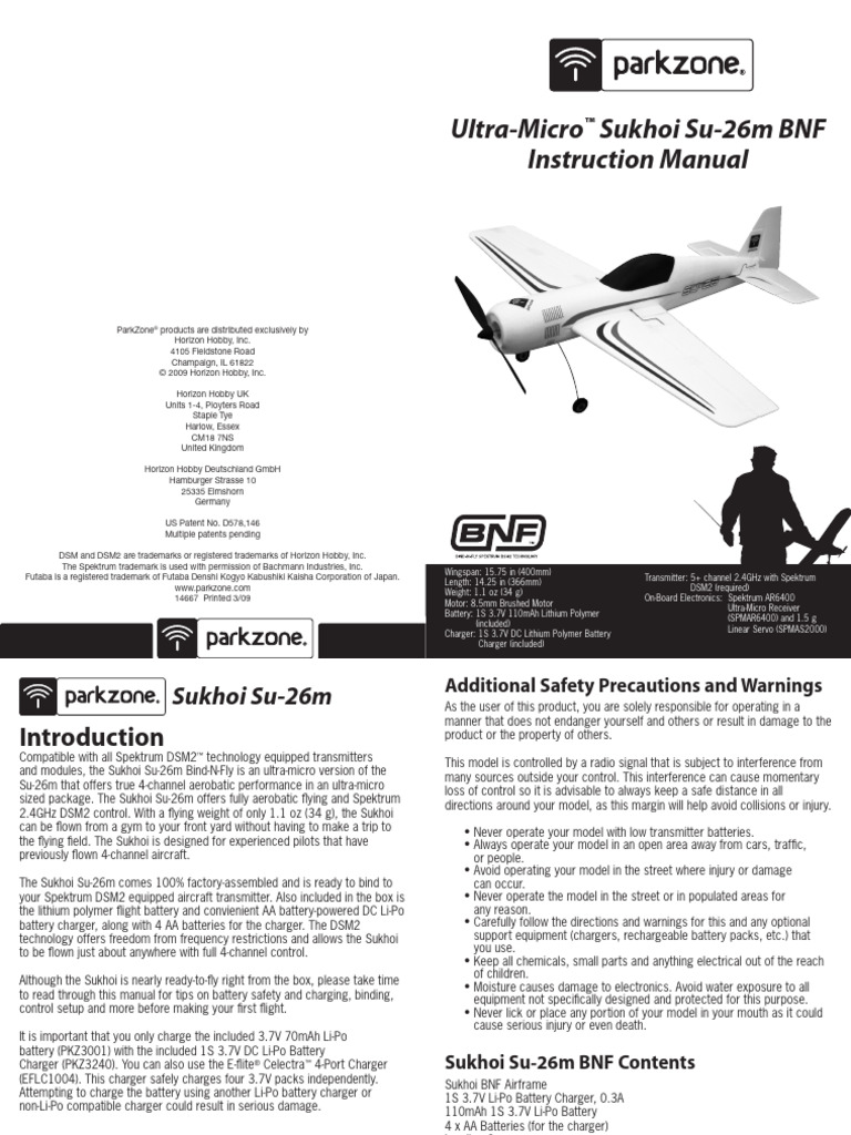 Sukhoi Su-26m BNF Instruction Manual | PDF | Battery Charger | Flight ...