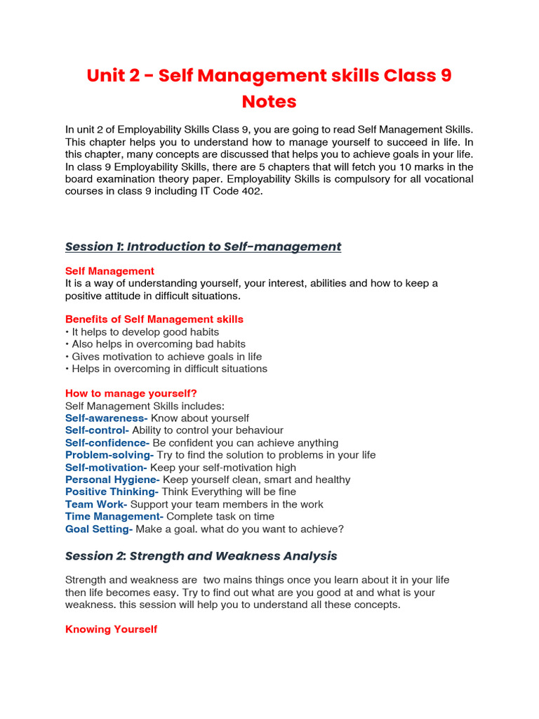 Self Management Skills for Class 9 | PDF | Hygiene | Self-Improvement