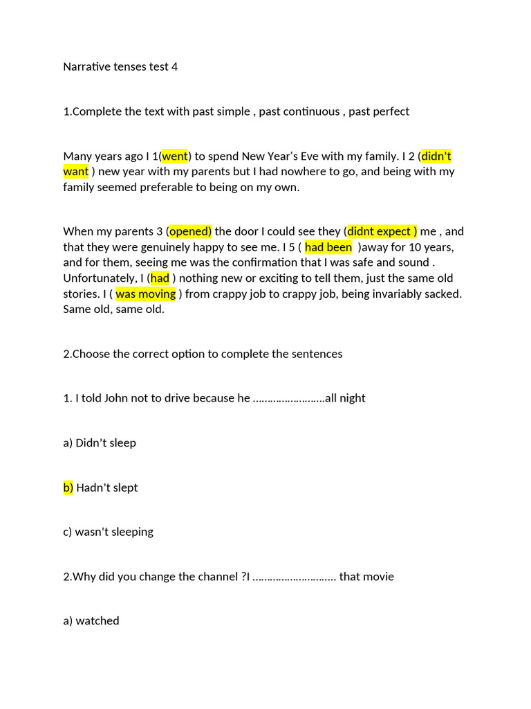 DIMANA OSTRETSOVA Narrative Tenses Test 4 | PDF