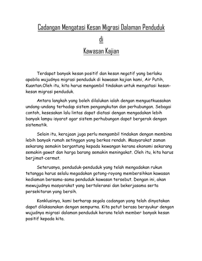 Cadangan Mengatasi Kesan Migrasi Dalaman Penduduk Pdf