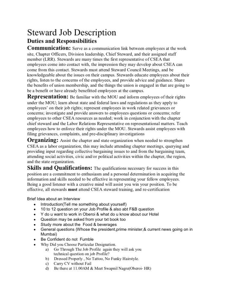 Steward Job Description PDF