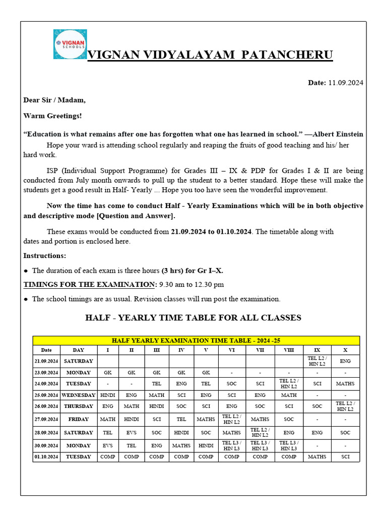 Half Yearly Exam Schedule 2024-2025 | PDF