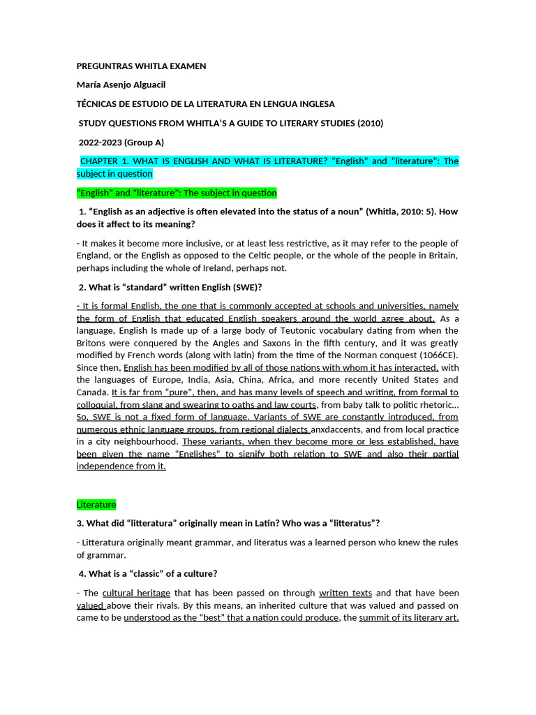 Study Questions on Whitla's Literature Guide | PDF | Poetry | Classics