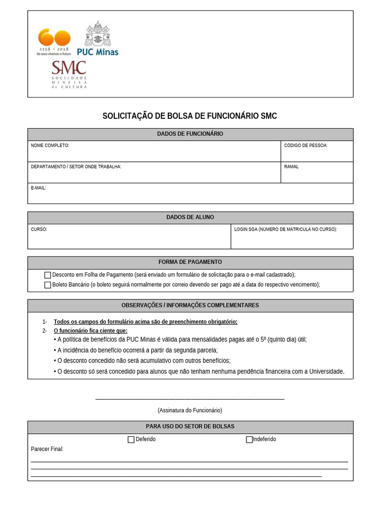 Solicitação de Bolsa de Funcionário SMC | PDF