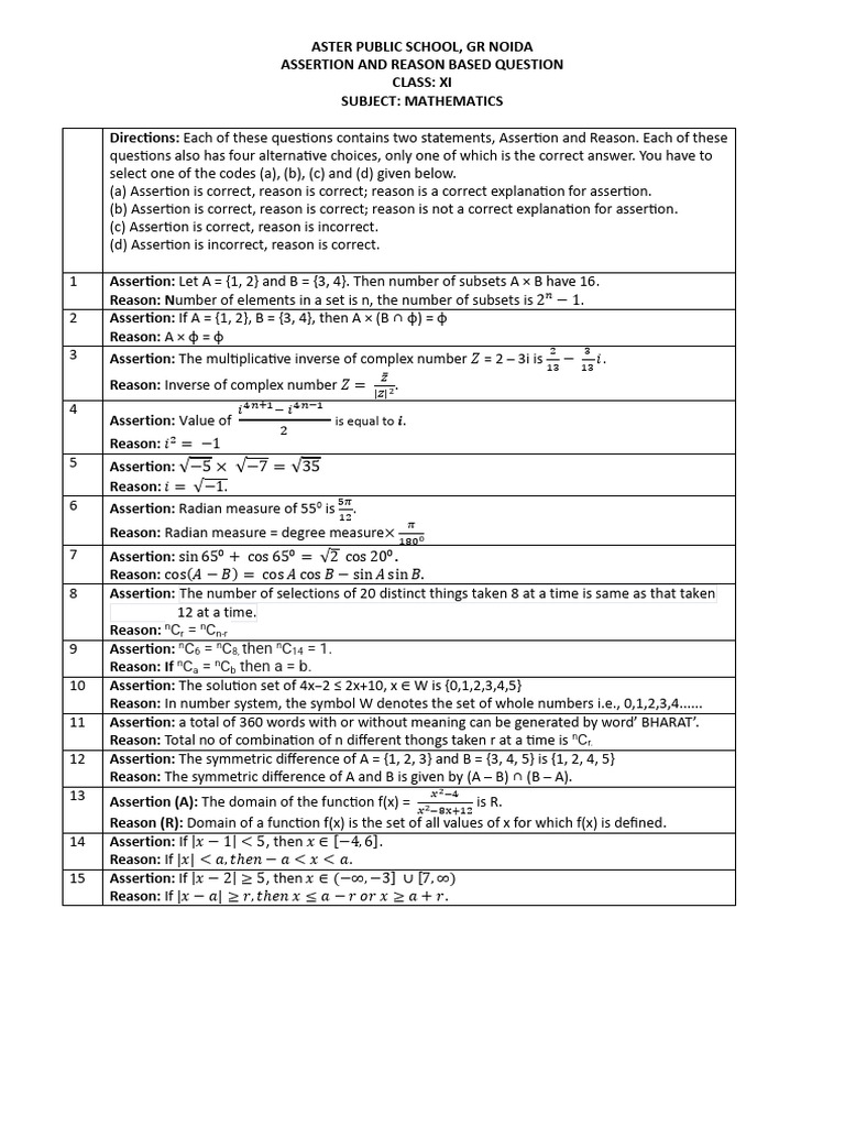 Assertion-Reason Questions for Class XI Math | PDF | Mathematical Logic ...