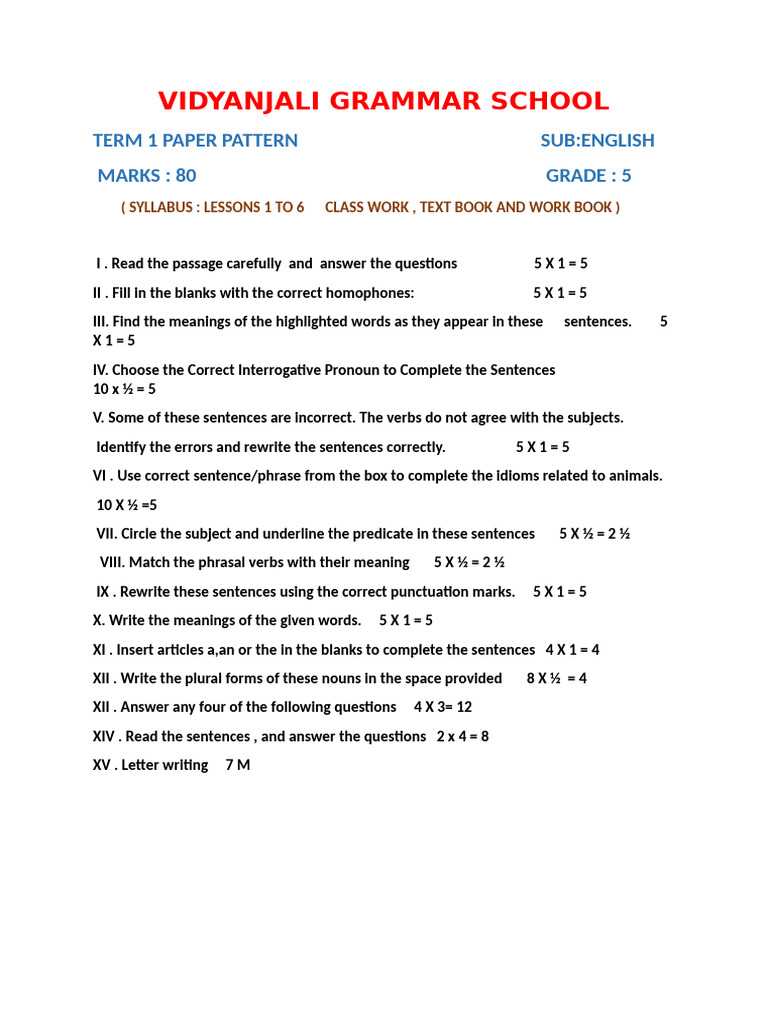 Grade 5 English Paper Pattern | PDF
