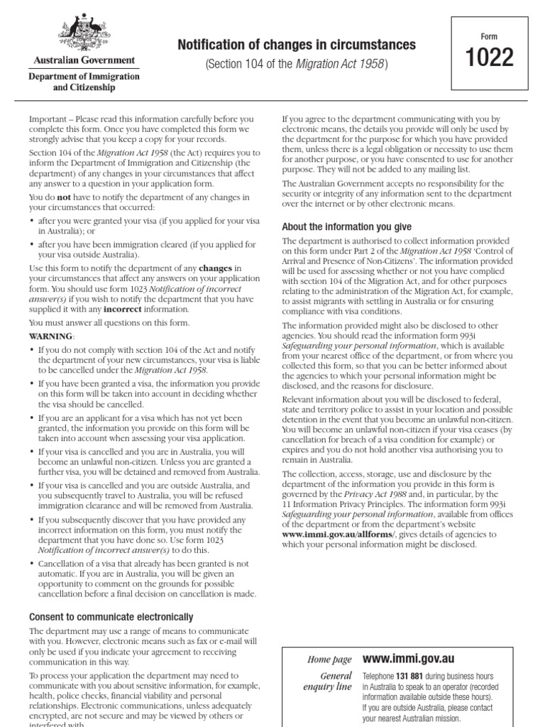 form 1022 notification of changes in circumstances