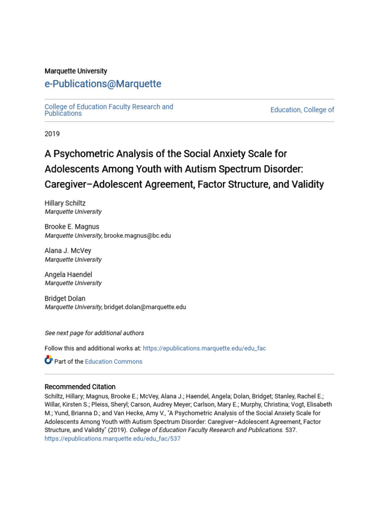 A Psychometric Analysis of The Social Anxiety Scale For Adolescen | PDF