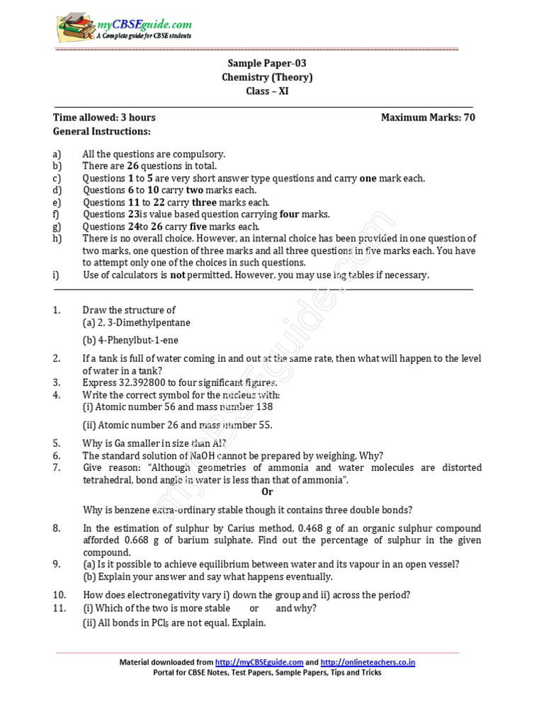 2017 11 Sample Paper Chemistry 03 QP | PDF