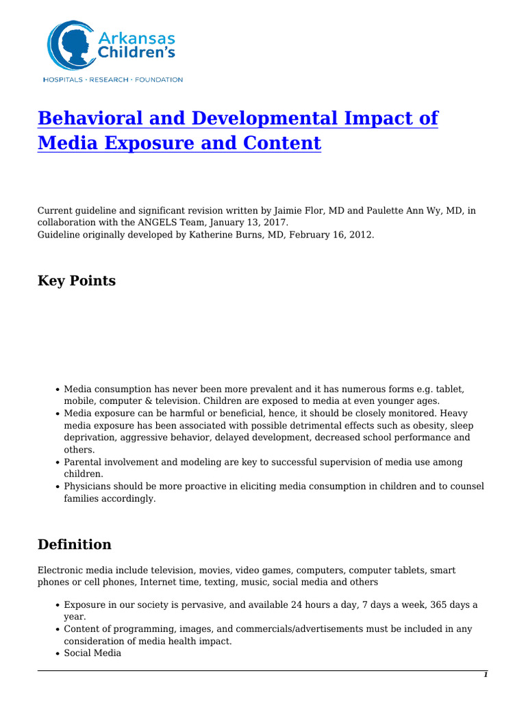 Behavioral and Developmental Impact of Media Exposure and Content | PDF