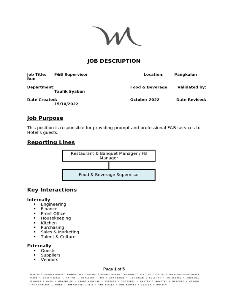 Job Description - F&B Supervisor | PDF