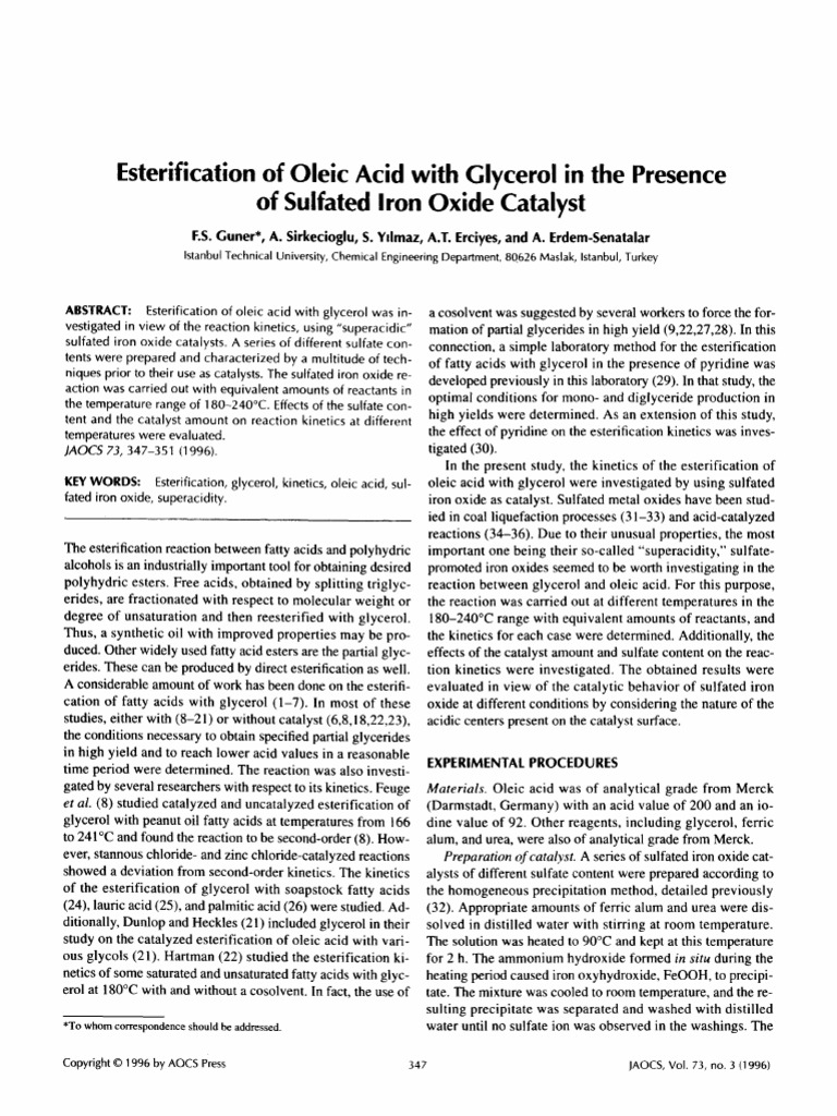 Esterification of Oleic Acid With Glycerol in The Presence | PDF ...