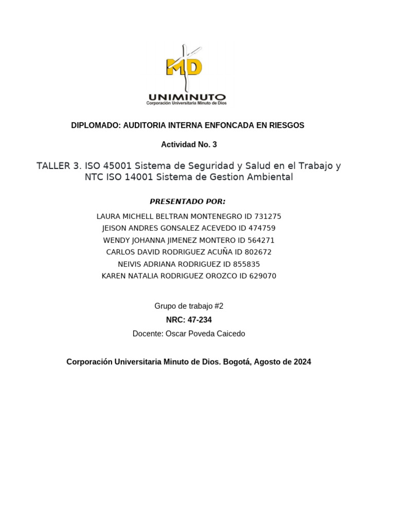 Actividad No. 3 - Taller 3 - Iso 45001 y NTC Iso 14001 | PDF