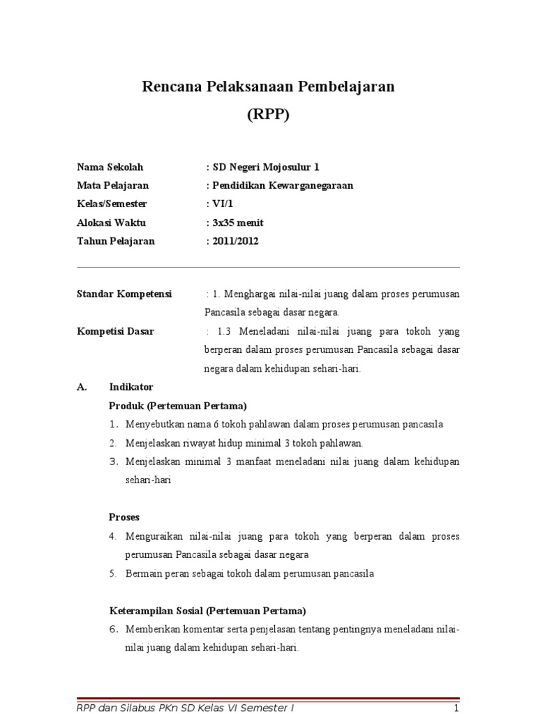 Rpp Pkn Kelas Vi Sk 1 3 Baru