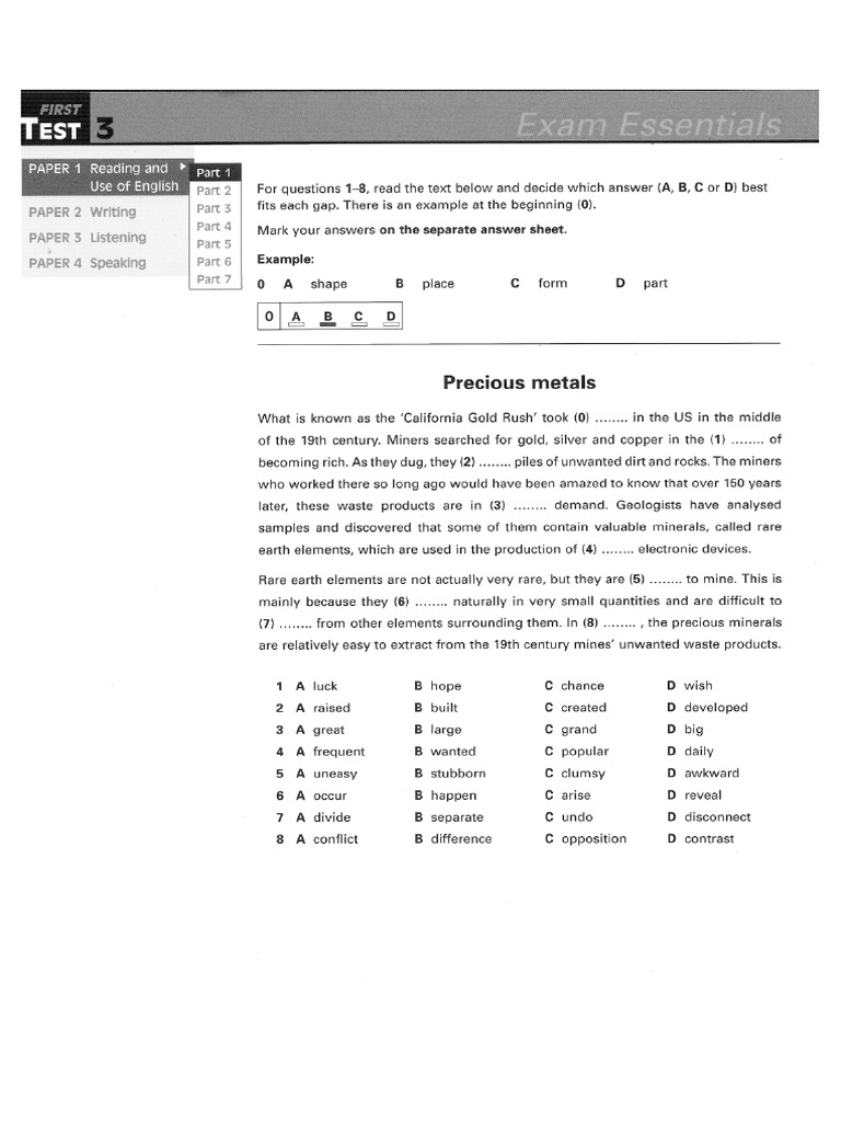 FIRST - Exam Essentials - TEST 3 - Reading &use of English+Writing | PDF