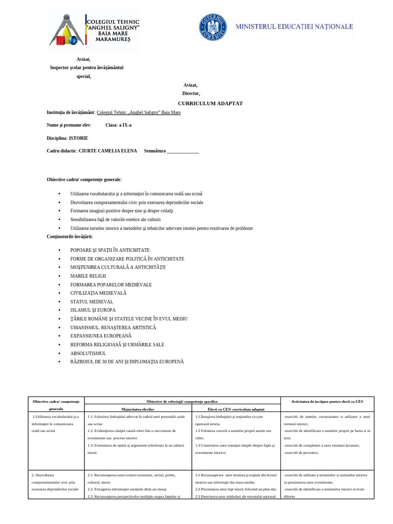 Plan Ces Istorie 20192020 | PDF