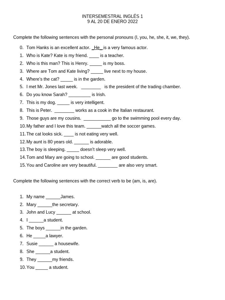 ejercicios personal pronouns y verb to be PDF