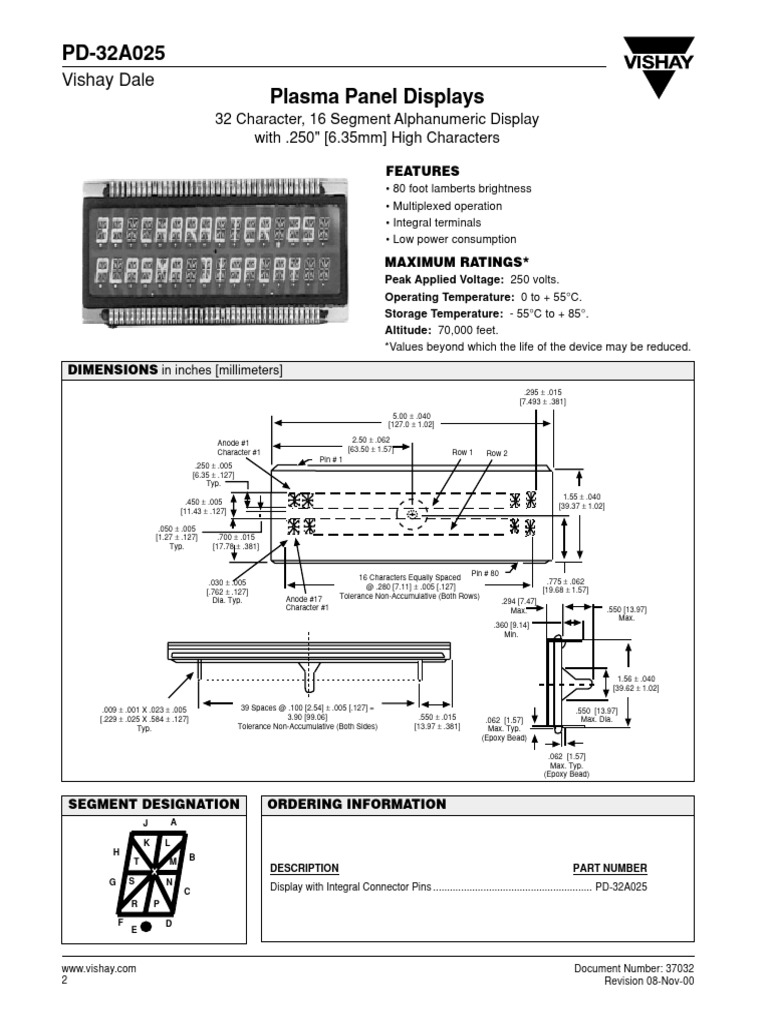PD-32A025 Plasma Panel Displays: Vishay Dale | PDF