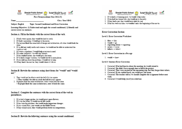 Year 8 - ESL - Second Conditional and Error Correction Worksheet | PDF