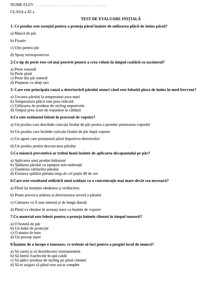 Test Evaluare Initiala Clasa XI Profesionala | PDF
