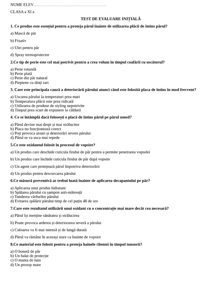 Test Evaluare Initiala Clasa XI | PDF