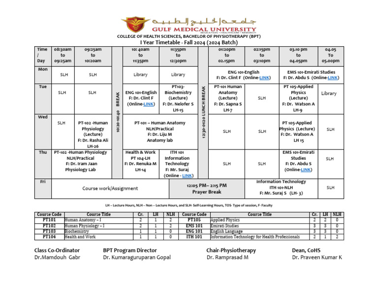 1st Year BPT Weekly Schedule AY 2024-25 Updated 22 August 2024 | PDF
