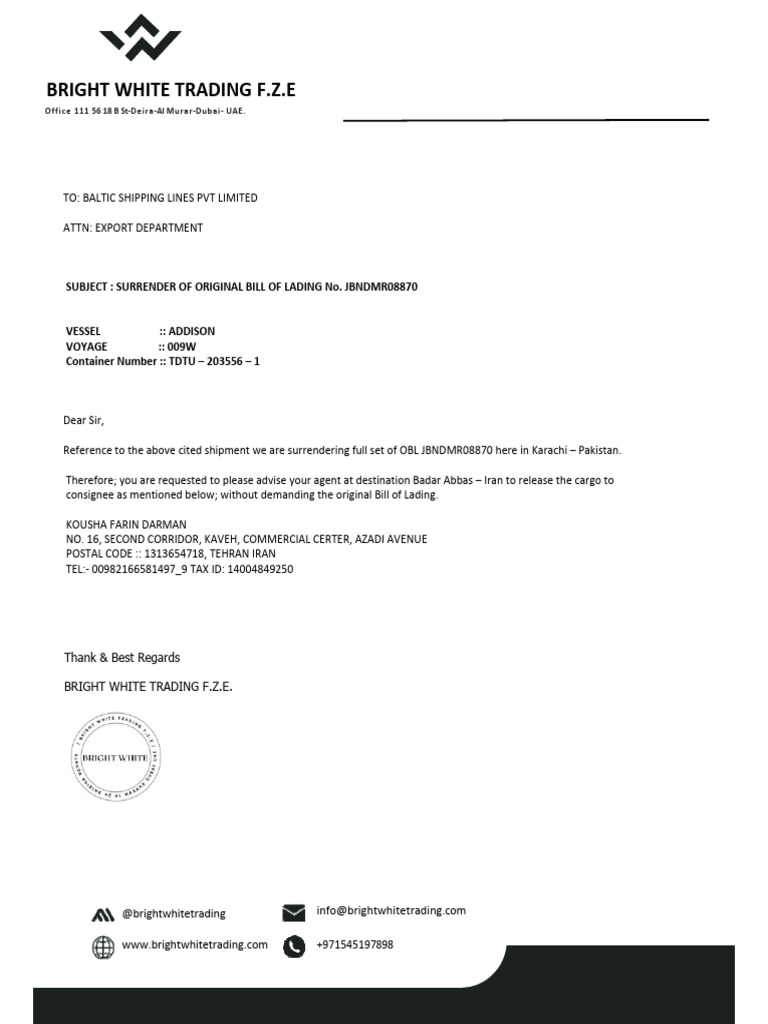Bright White Trading - Dubai Letter | PDF