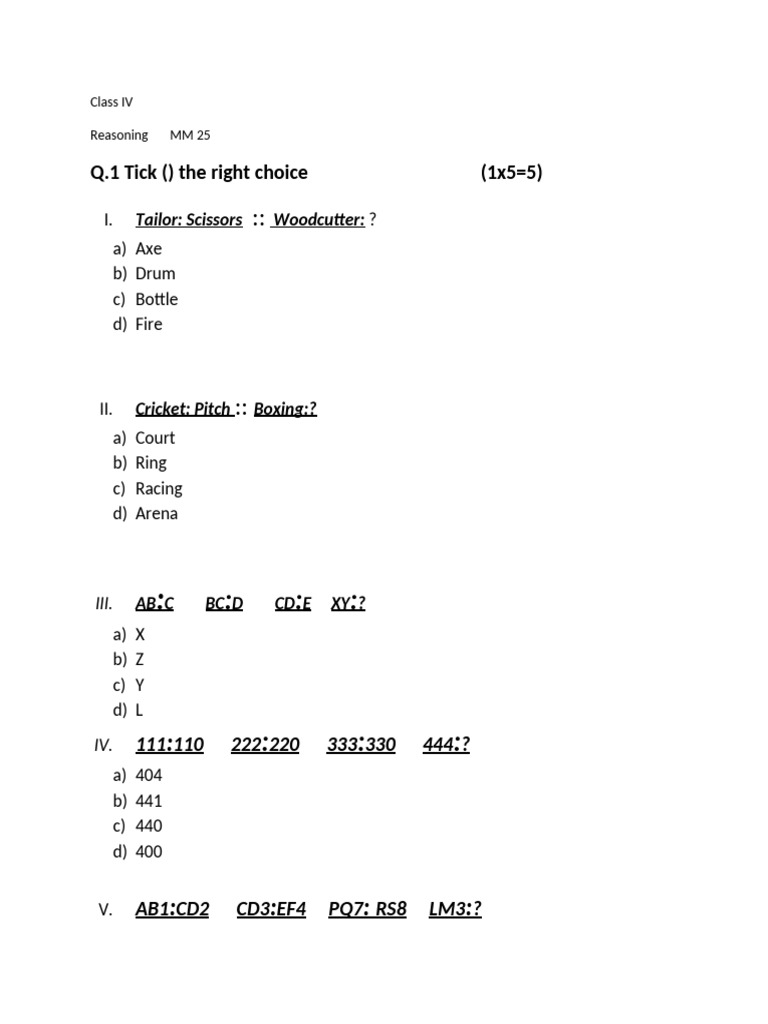 Reasoning Class 4 Pdf