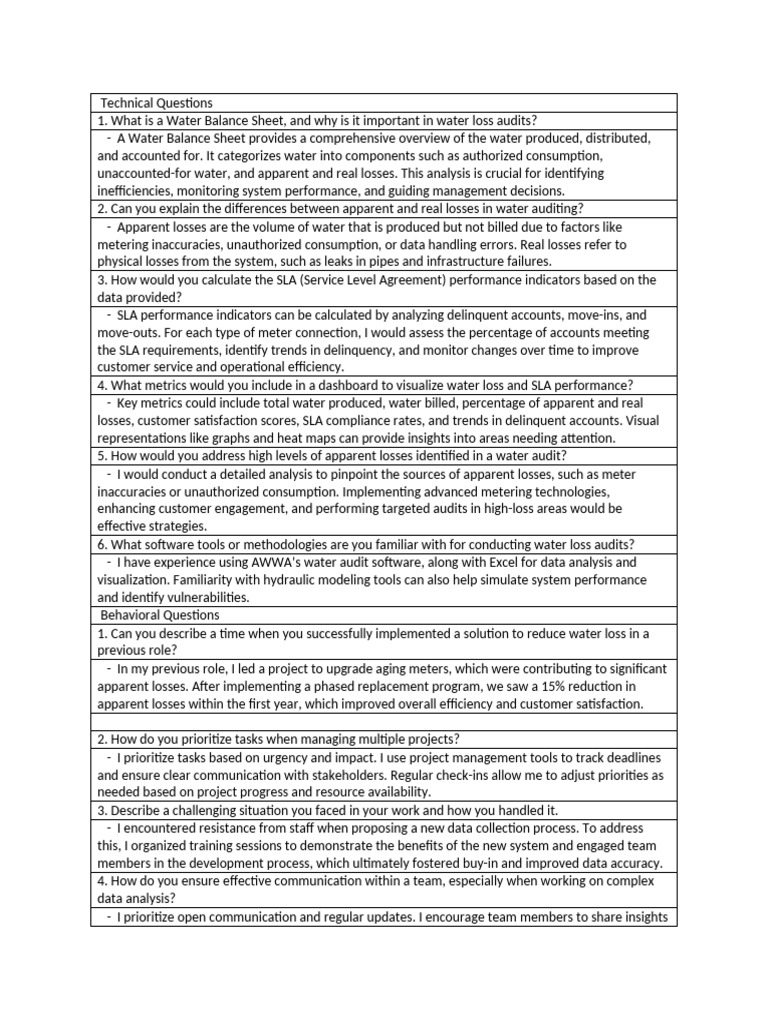 Technical questions for water loss audit engineer interview pdf