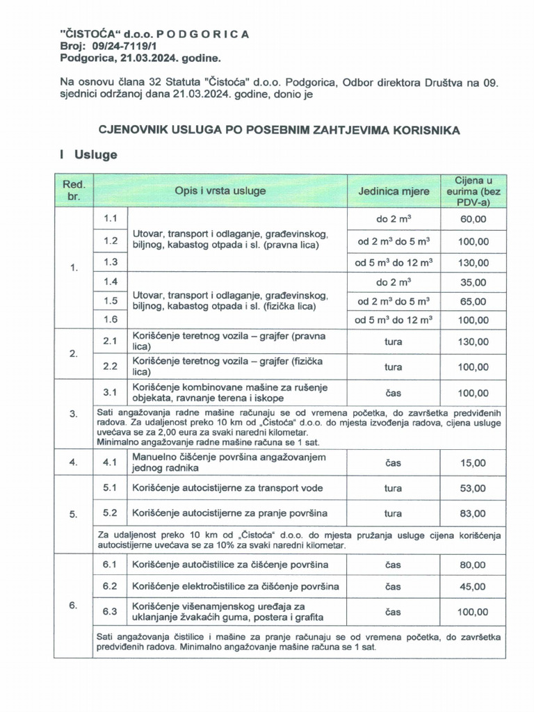 1721805906cjenovnik Usluga Po Posebnim Zahtjevima | PDF