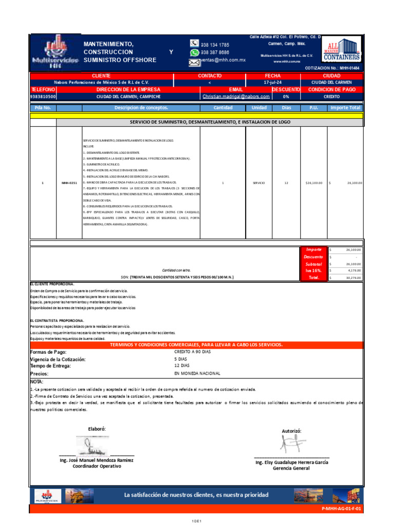 Cotización de Servicios Offshore MHH | PDF
