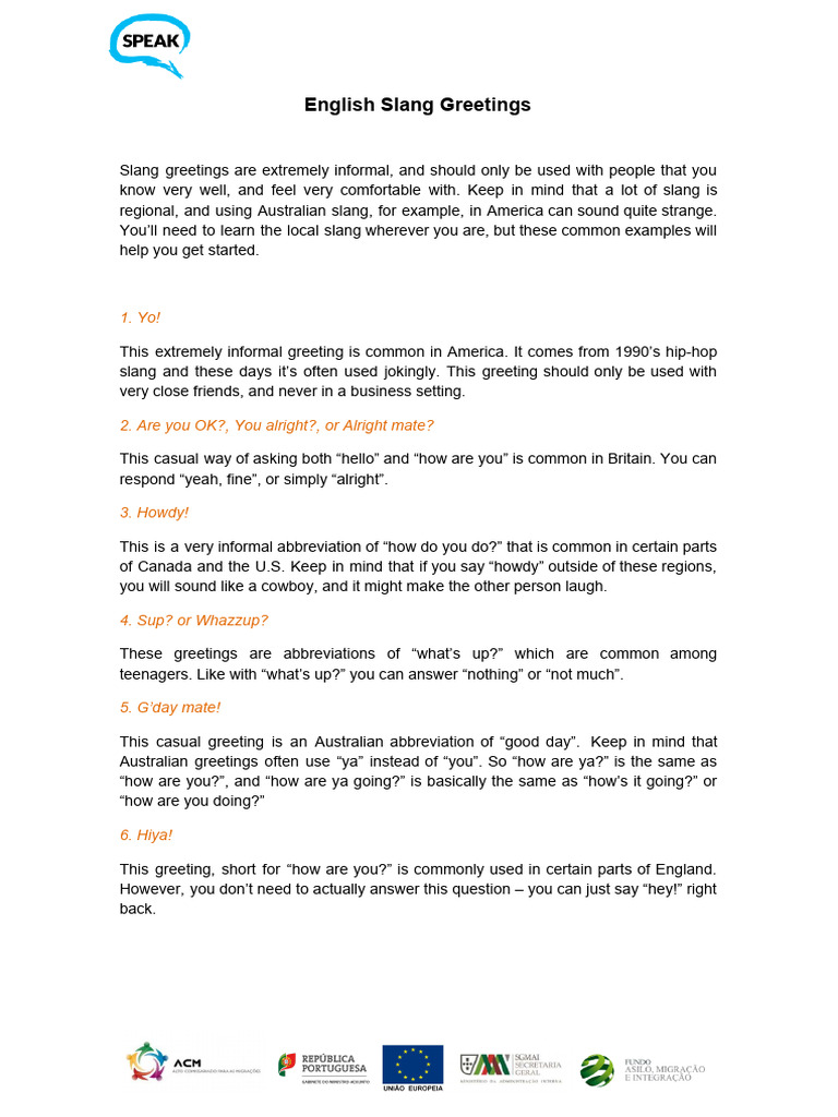 Theme 1 Greetings And Presentation Slang Greetings Pdf