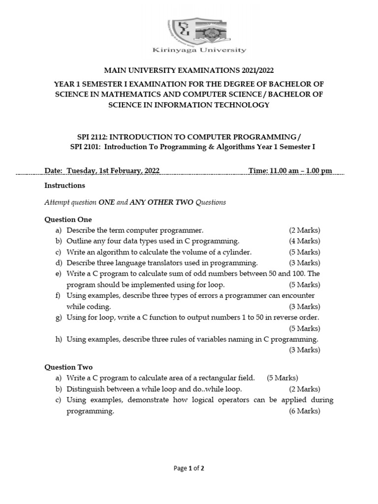 SPI 2112introduction To Programming & Algorithms Year 1 Semester I | PDF