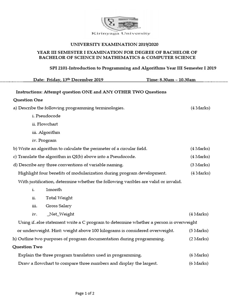SPI 2101-Introduction To Programming and Algorithms Year III Semester I ...