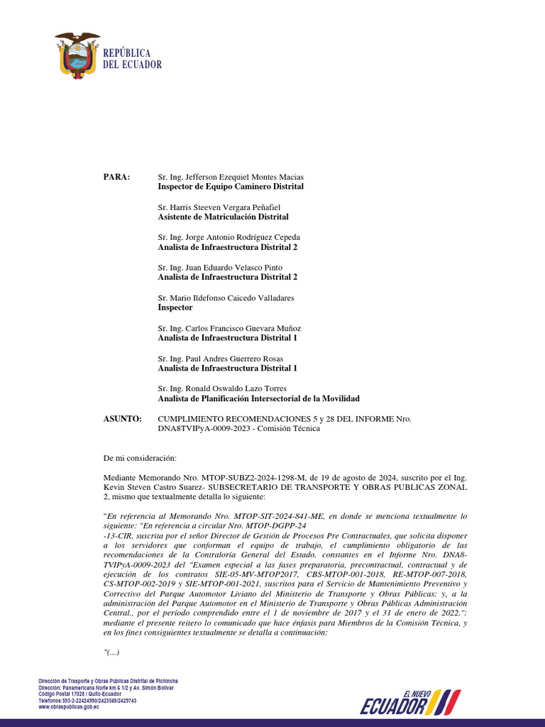 Cumplimiento de Recomendaciones MTOP 2024 | PDF | Gobierno