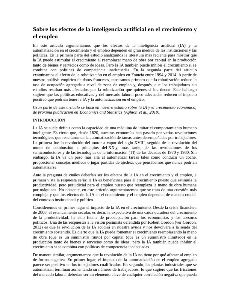 Efectos de la IA en Crecimiento y Empleo | PDF | Inteligencia ...