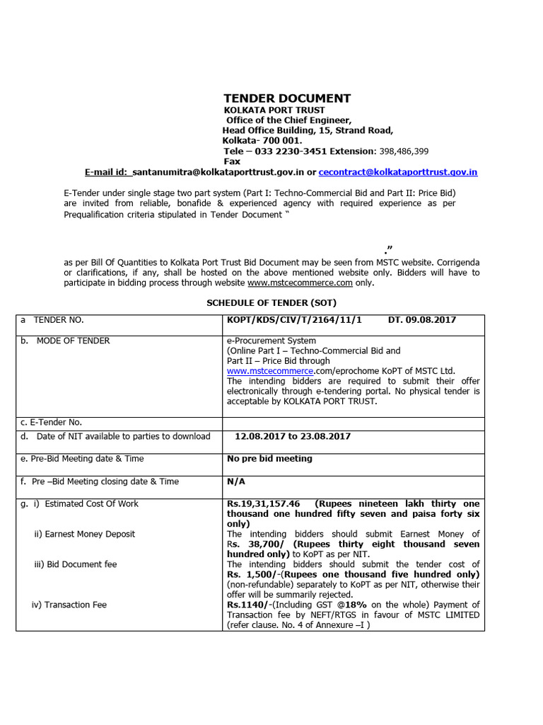 Kolkata Port Trust E-Tender for Water Plant | PDF | Cheque