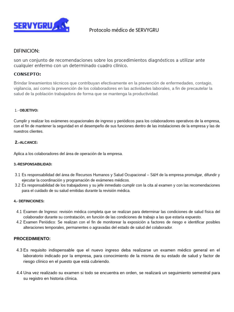 Protocolo Médico de SERVYGRU | PDF