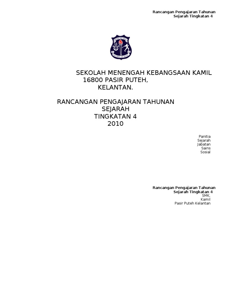 Rancangan Pengajaran Tahunan Sejarah Tingkatan 4  PDF