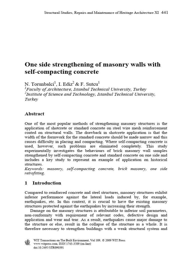 One Side Strengthening of Masonry Walls With Self Compacting Concrete | PDF