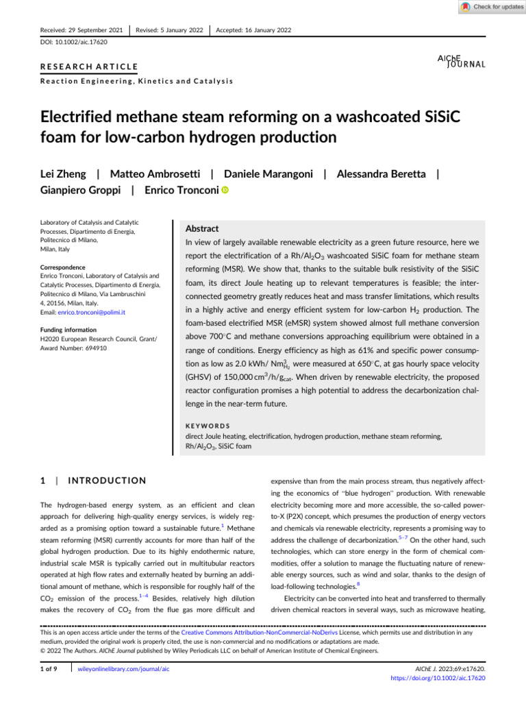 AIChE Journal - 2022 - Zheng - Electrified Methane Steam Reforming On A ...