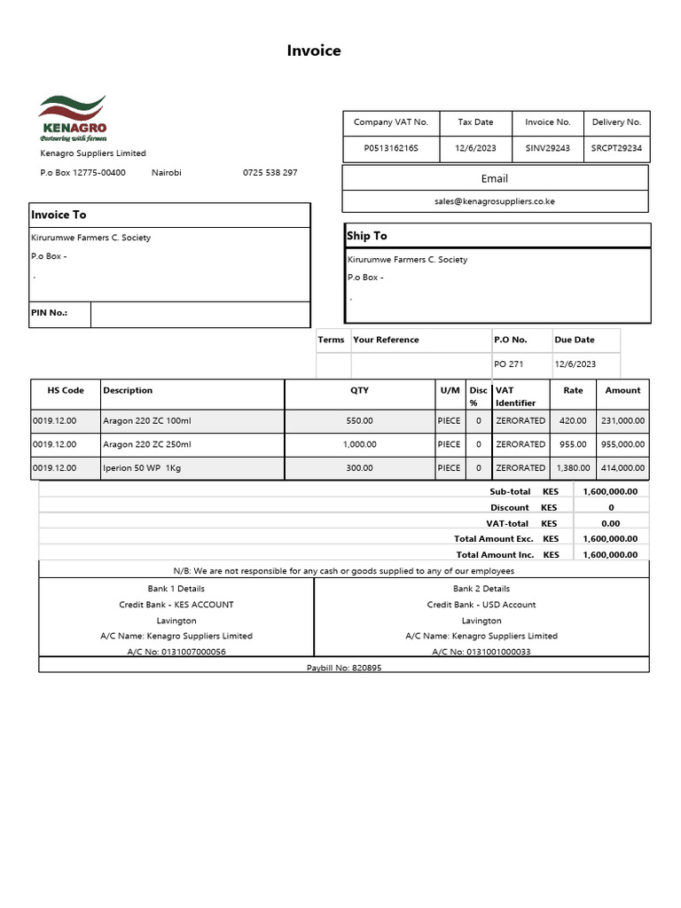 Kenagro Suppliers LTD - Invoice SINV29243b | PDF