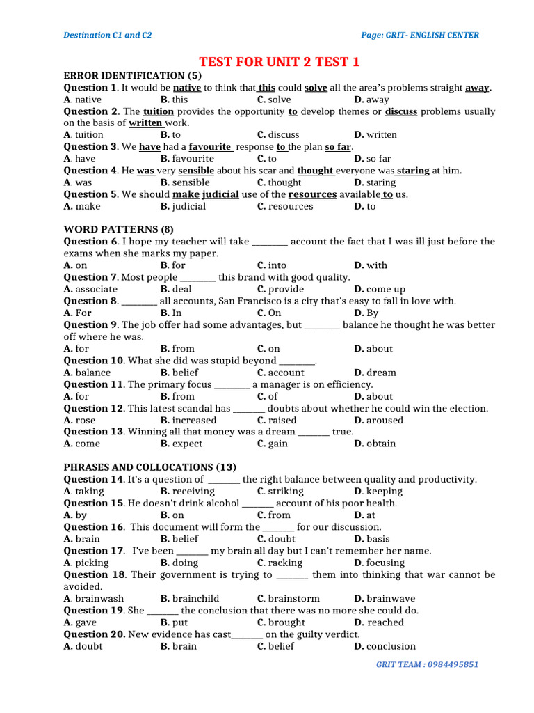 Test For Unit 2 Test 1 | PDF