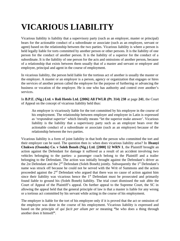 Vicarious Liability 1 Pdf Legal Liability Finance Money Management