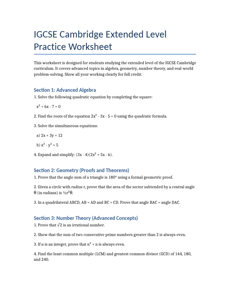 IGCSE Cambridge Extended Level Practice Worksheet | PDF