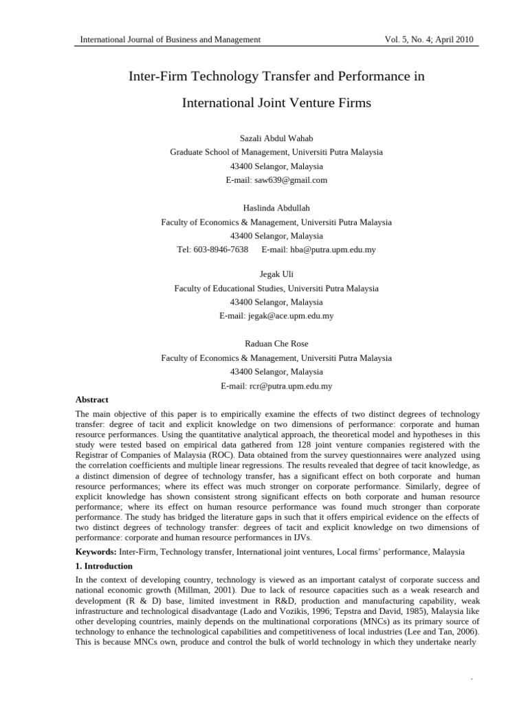 Inter-Firm Technology Transfer and Performance inTERNATIONAL JV ...