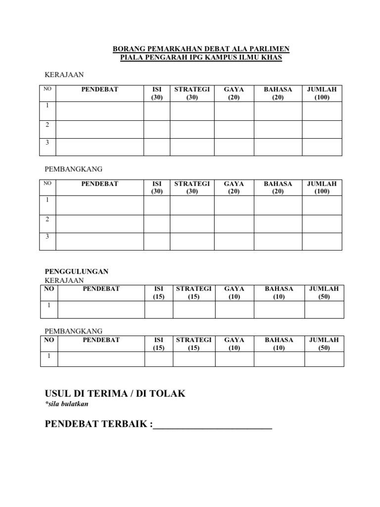 Borang Pemarkahan Debat Ala Parlimen