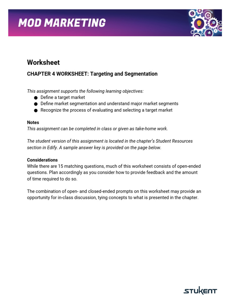 Targeting and Segmentation Worksheet | PDF | Market Segmentation ...