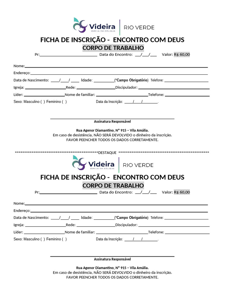 Ficha Modelo Encontro Com Deus Corpo De Trabalho Pdf
