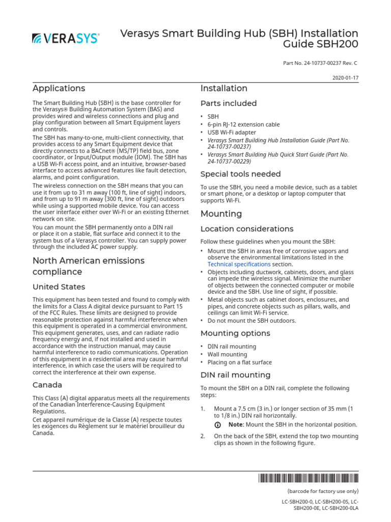 Verasys Smart Building Hub (SBH) Installation Guide SBH200 | PDF